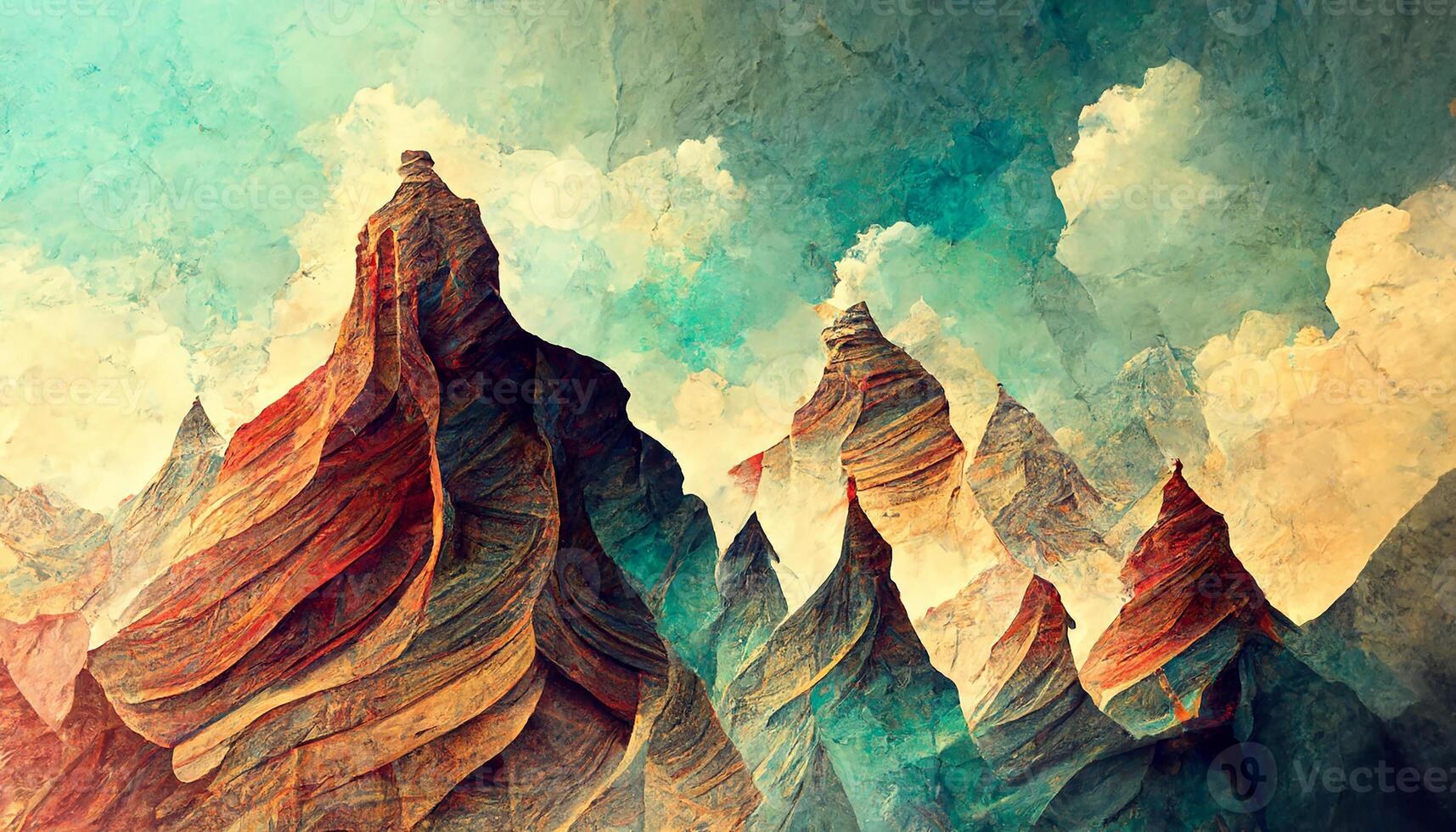 stylized mountain landscape with evening sun, drawing in pink and brown tones. photo