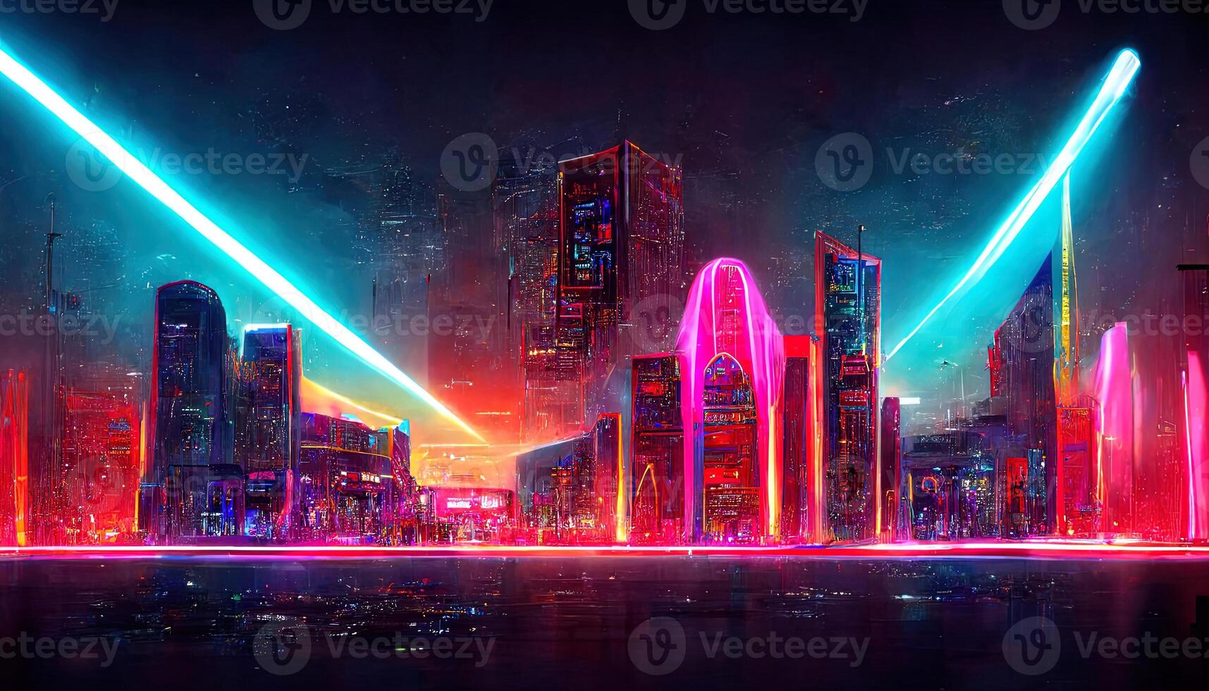 Background with night city in neon lights. photo