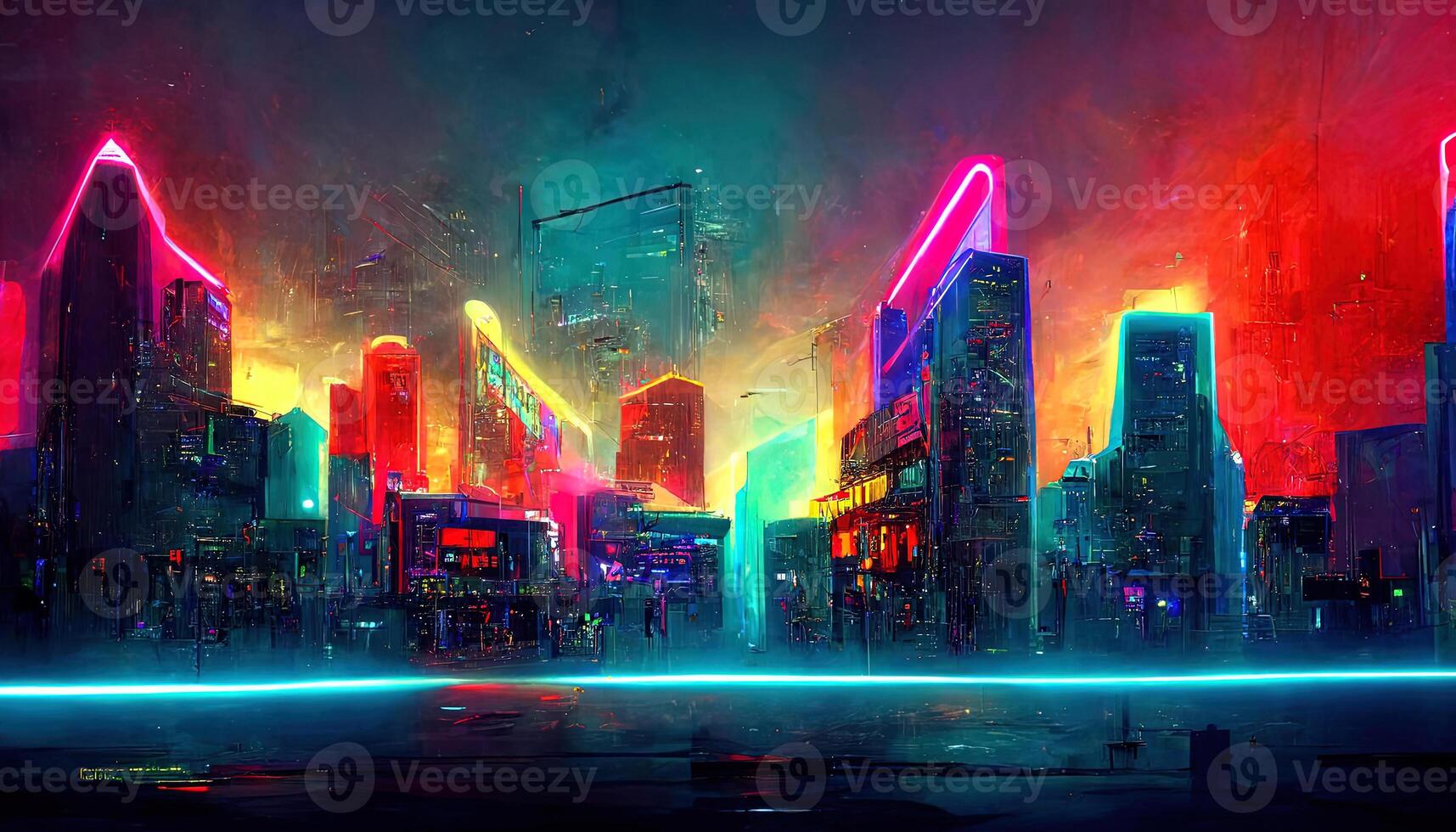 Background with night city in neon lights. photo