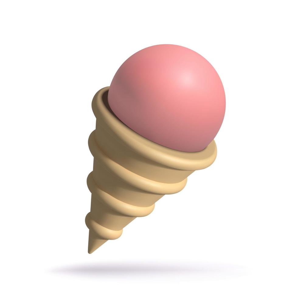 3d Strawberry Ice Cream in Waffle Cone. Minimal realistic three dimensional summer dessert icon. Vector illustration isolated on white background.