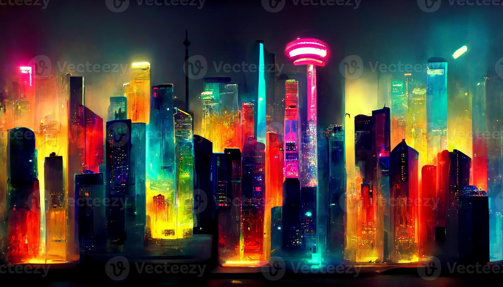 Neon megapolis background with buildings, skyscrapers. photo