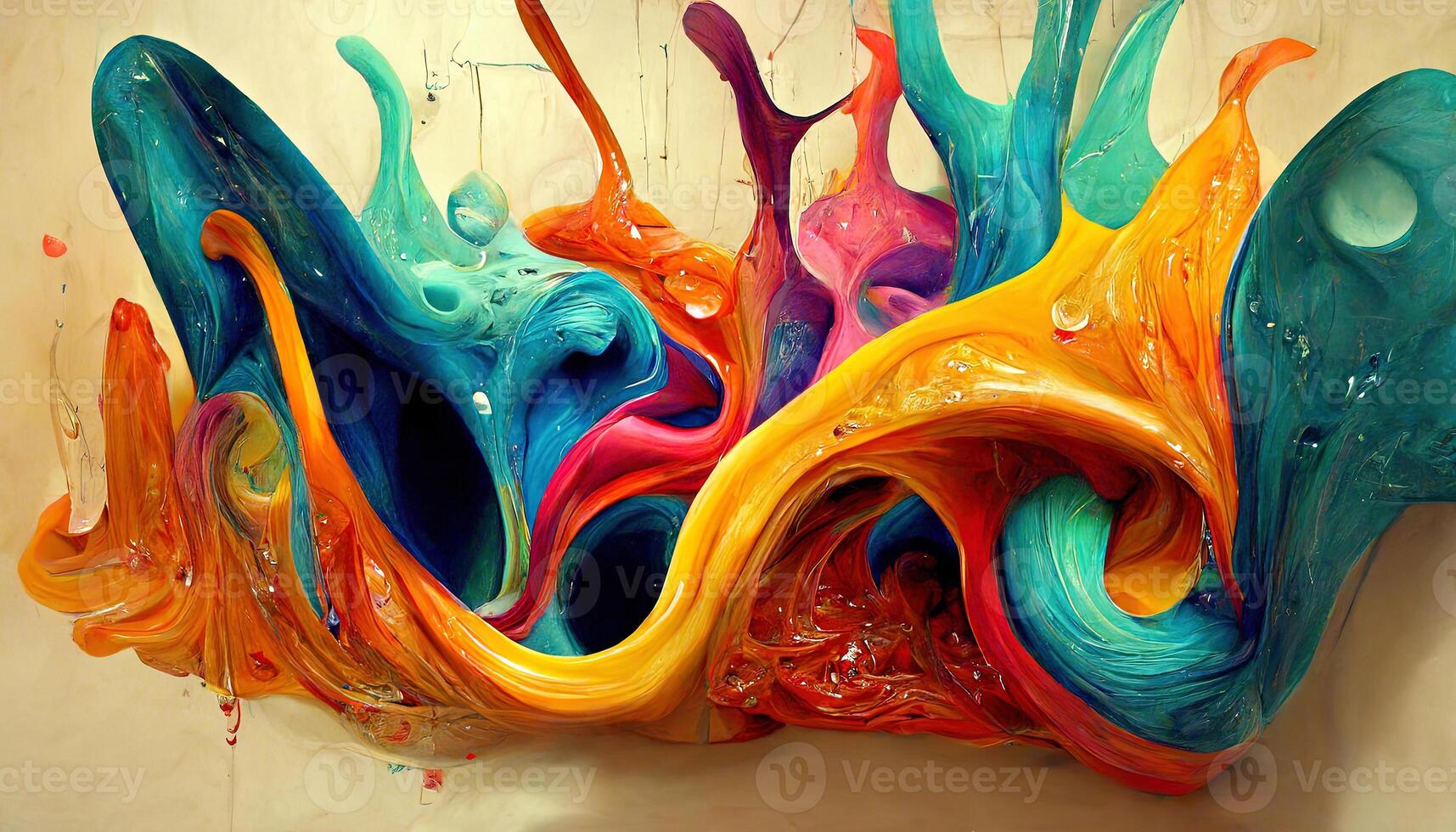 Colorful wet paint splashes on wall dripping down. photo