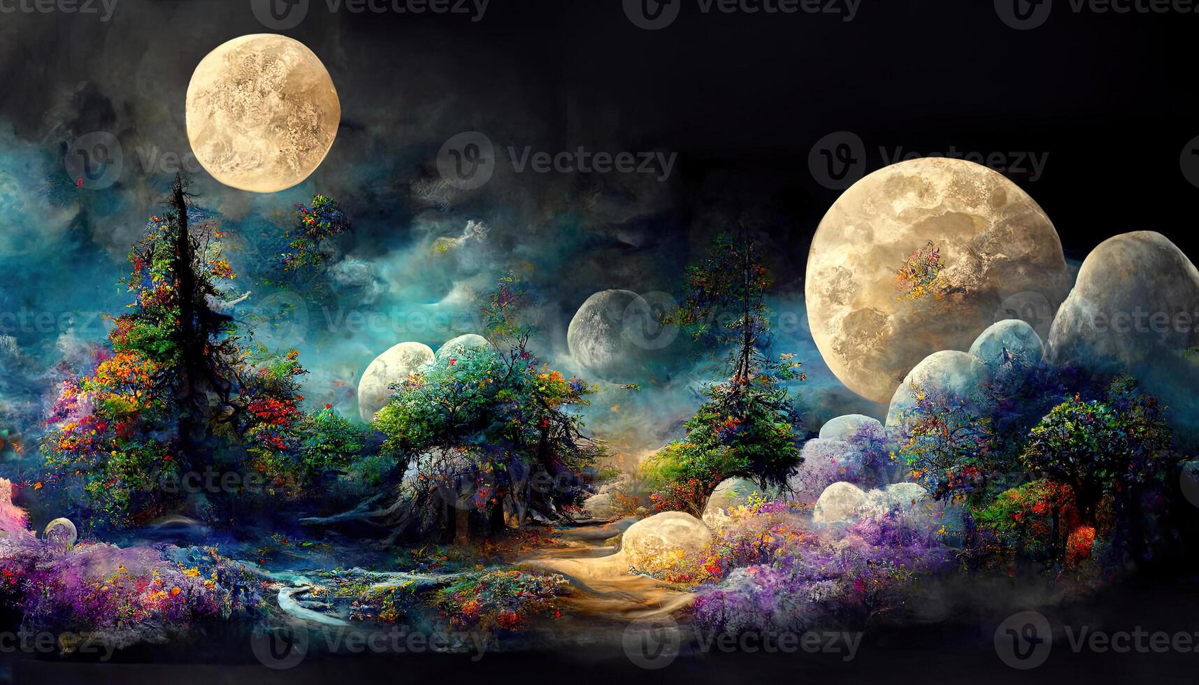 Abstract fairy tale forest landscape background with full moon. photo