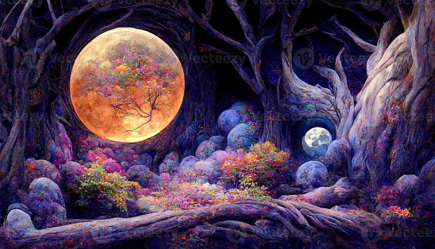 Bright moon over magical dark fairy tale forest at night. photo