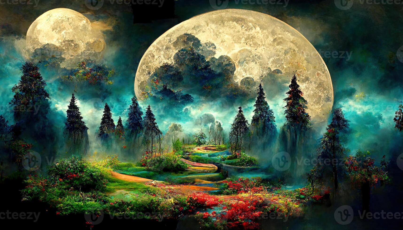 Watercolor summer night illustration with swing under tree. photo
