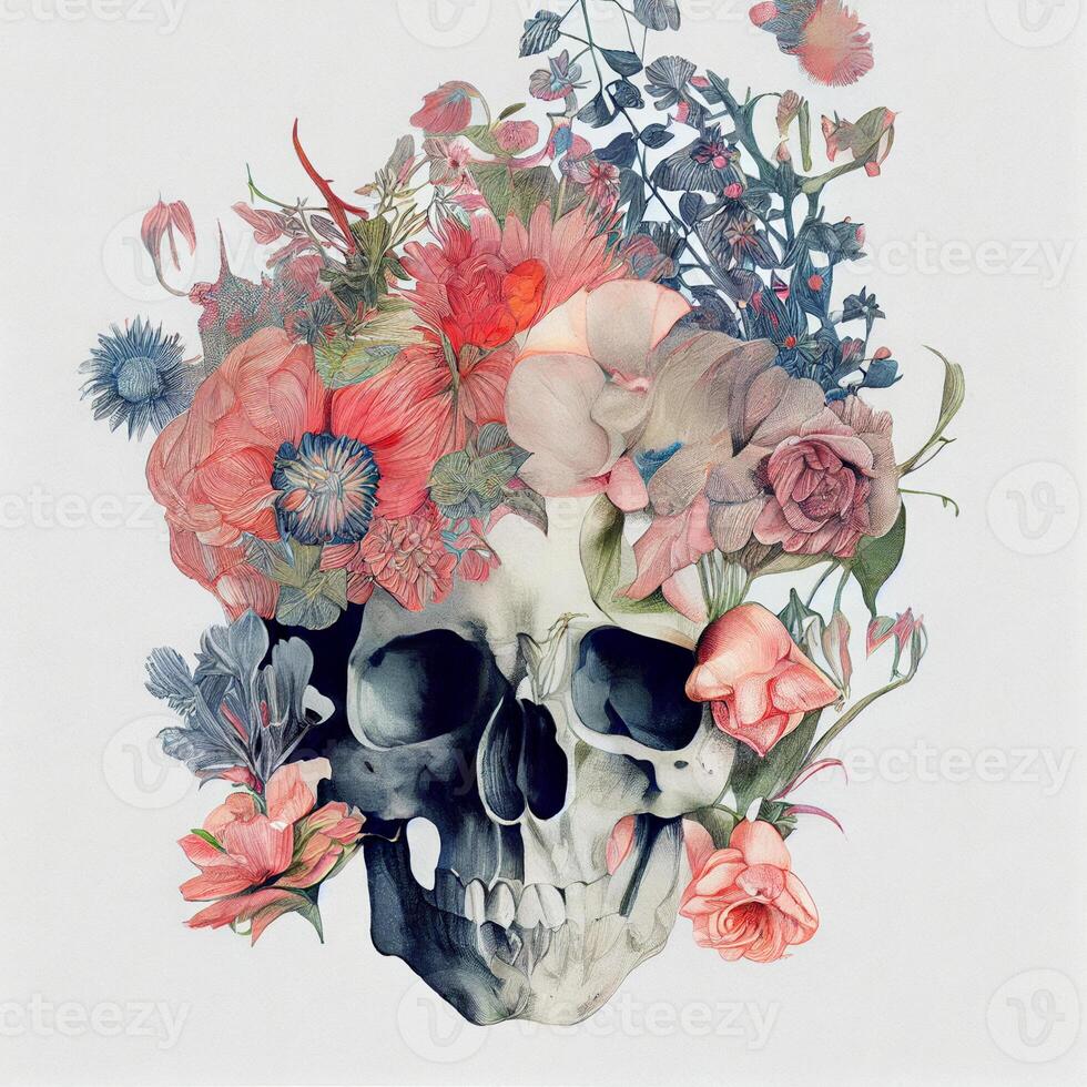 botánico ilustración de un cráneo. generativo ai foto