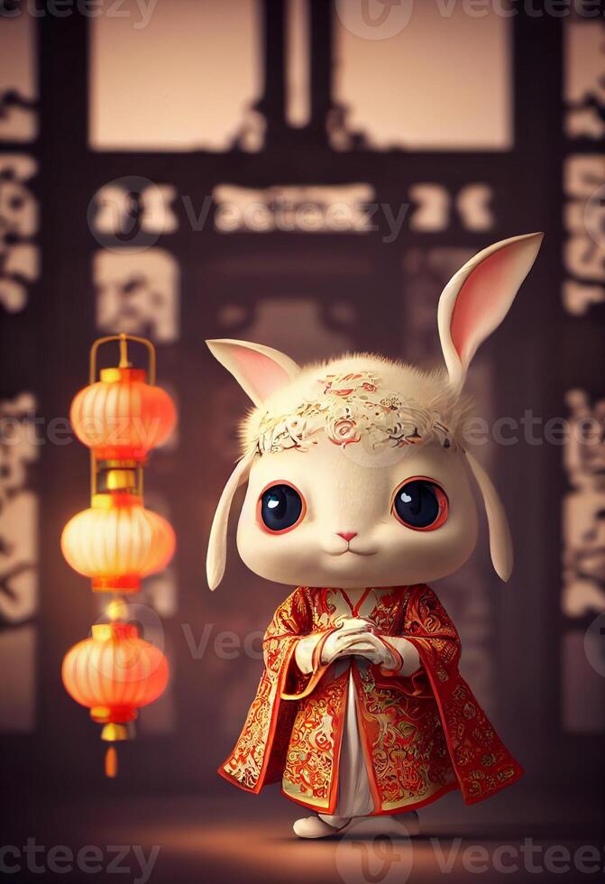 A little white rabbit in a soft Chinese. photo