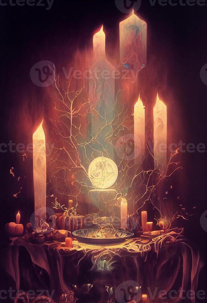 Witch altar gouache illustration. photo