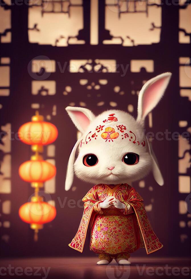 A little white rabbit in a soft Chinese. photo