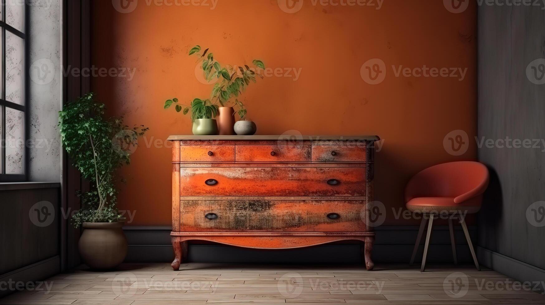 Old commode in rustic interior, wall mockup, 3d render. photo