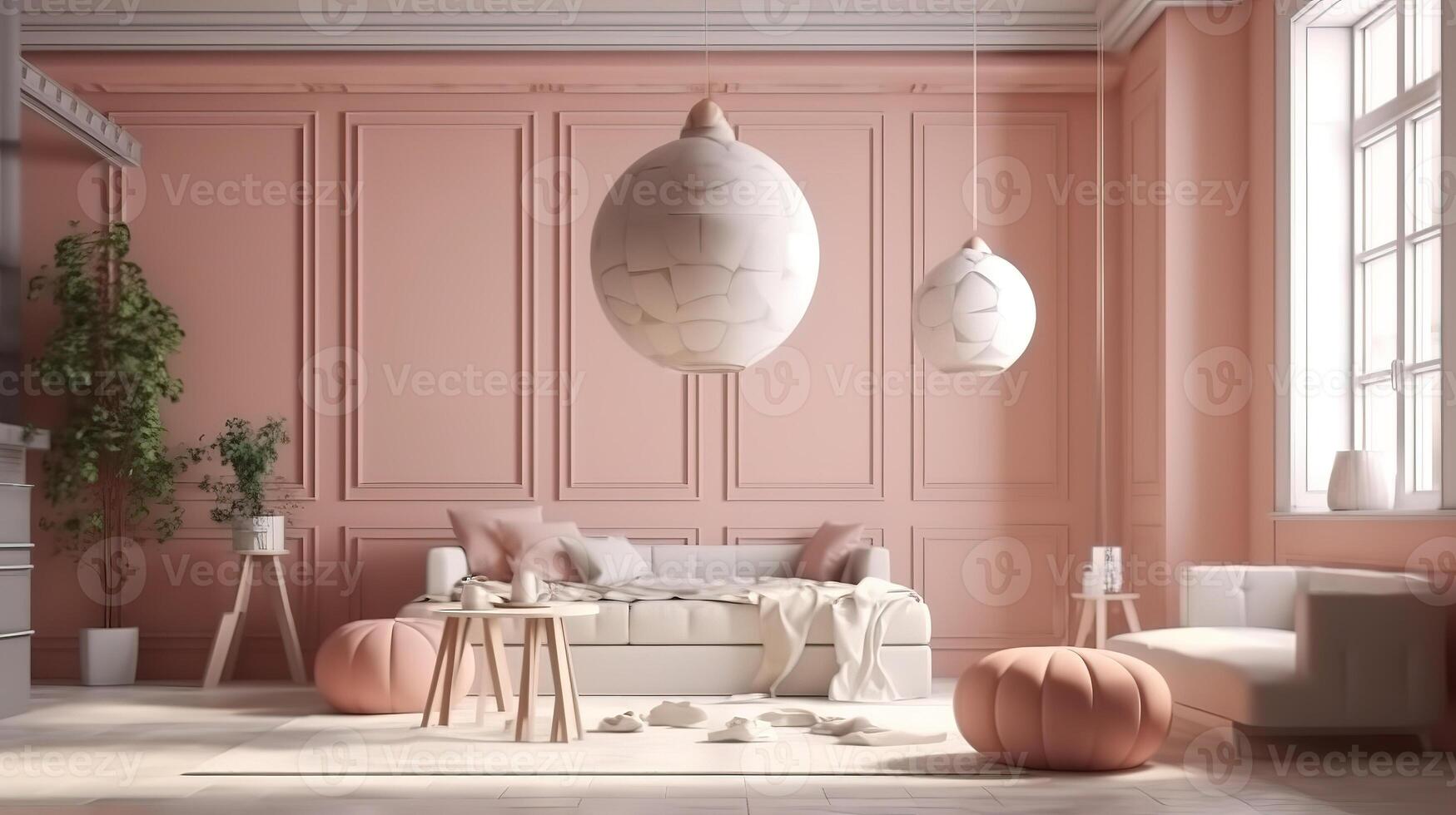 Interior of beige living room with furnishings made of natural wood. photo