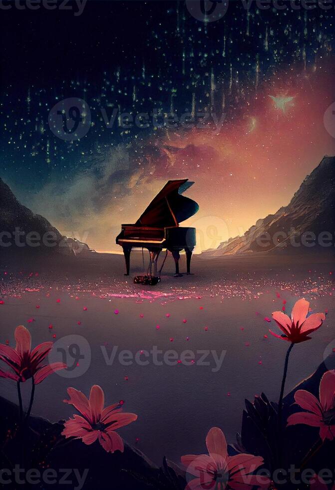 grand piano sitting on top of a field of flowers. . photo