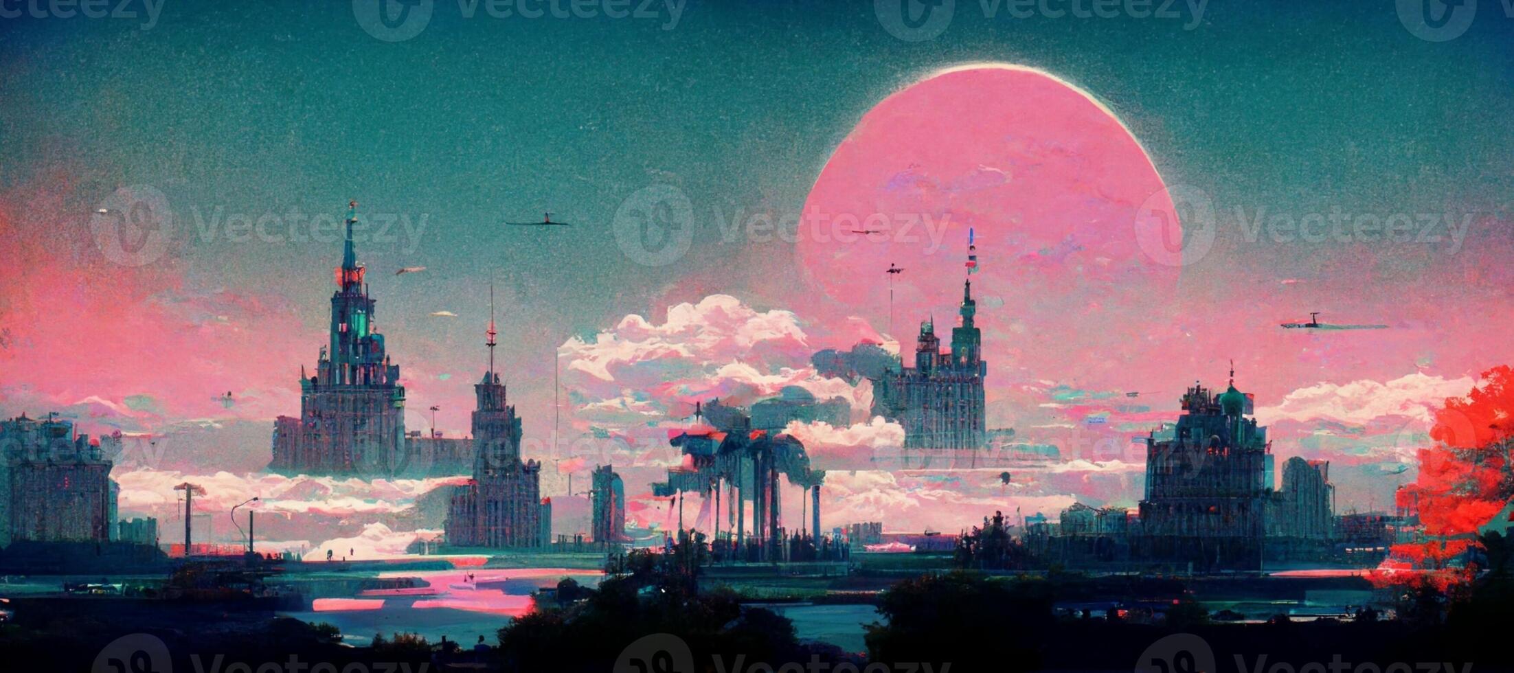painting of a city with a red moon in the sky. . photo