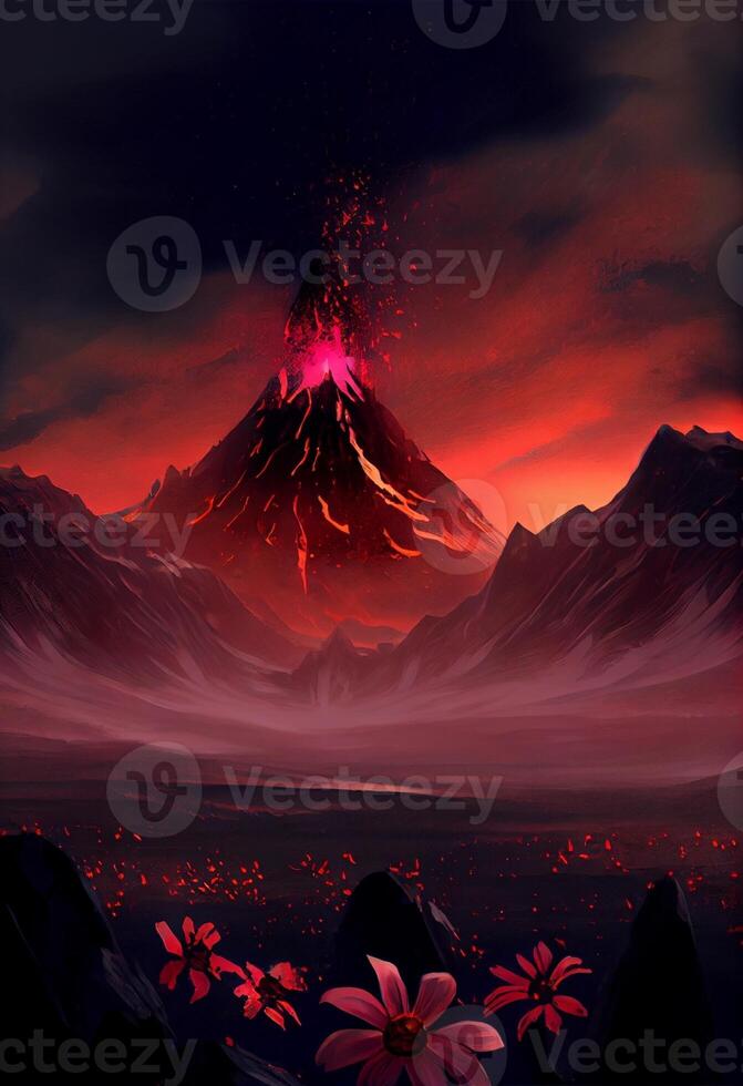 painting of a volcano with flowers in the foreground. . photo