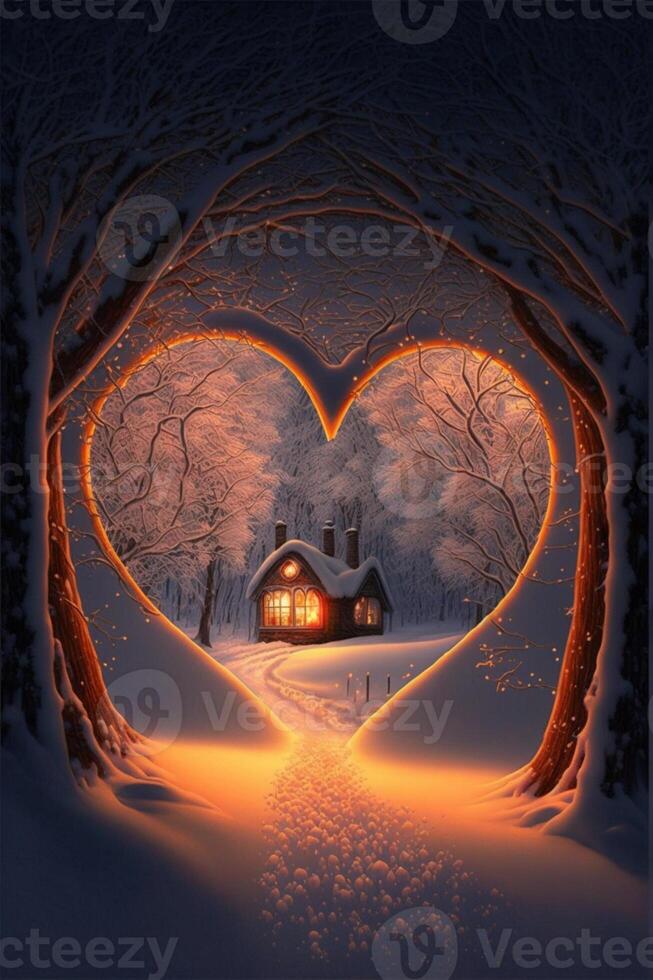 casa en el forma de un corazón en el nieve. generativo ai. foto
