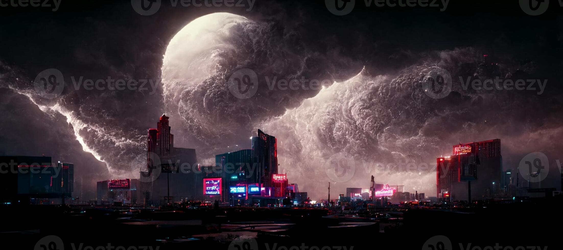 ciudad a noche con un lleno Luna en el cielo. generativo ai. foto