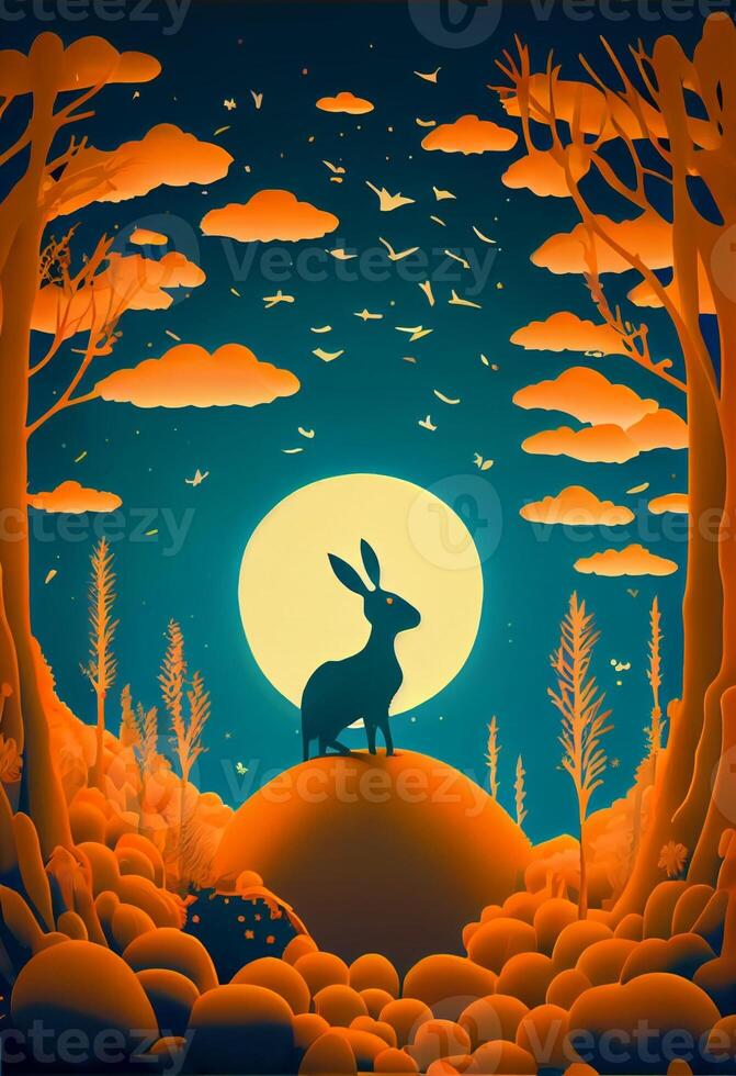 rabbit standing on top of a hill under a full moon. . photo