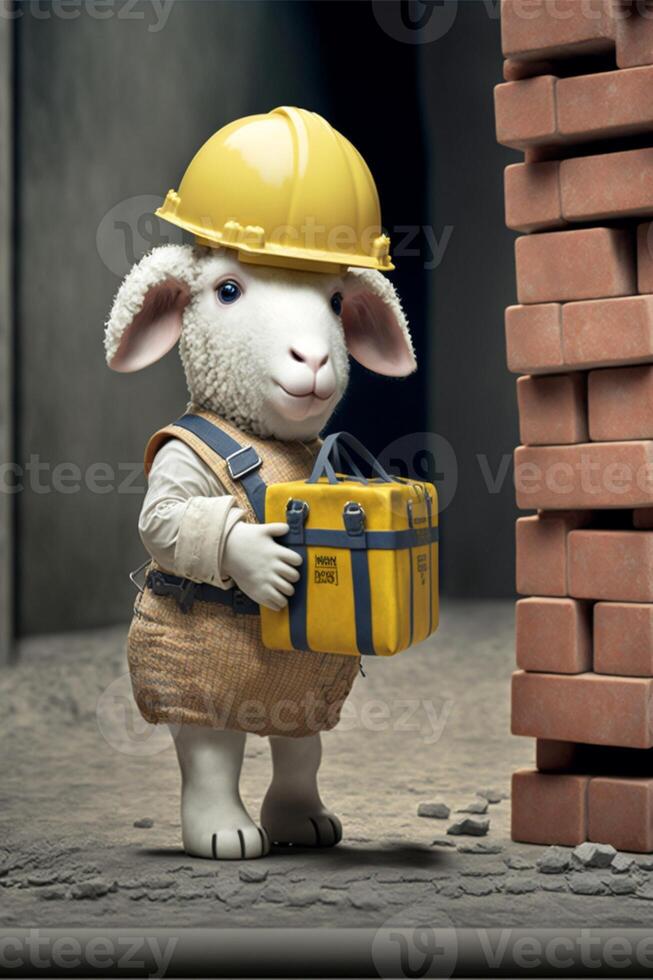 toy sheep wearing a hard hat and carrying a suitcase. . photo