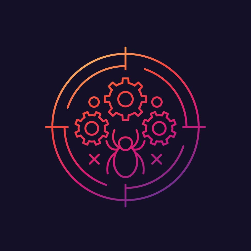 Debugging and testing line icon with a bug, vector