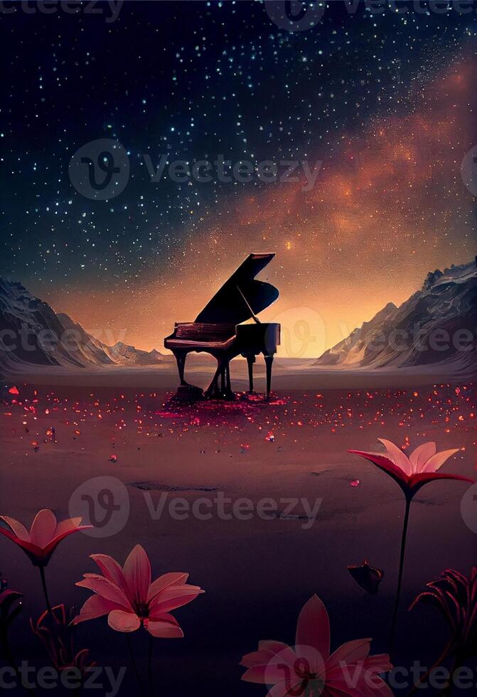 piano sitting on top of a field of flowers. . photo