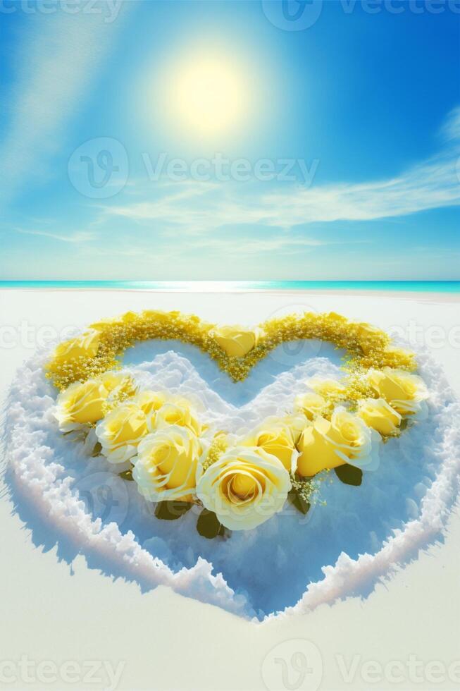 heart shaped arrangement of yellow roses in the snow. . photo