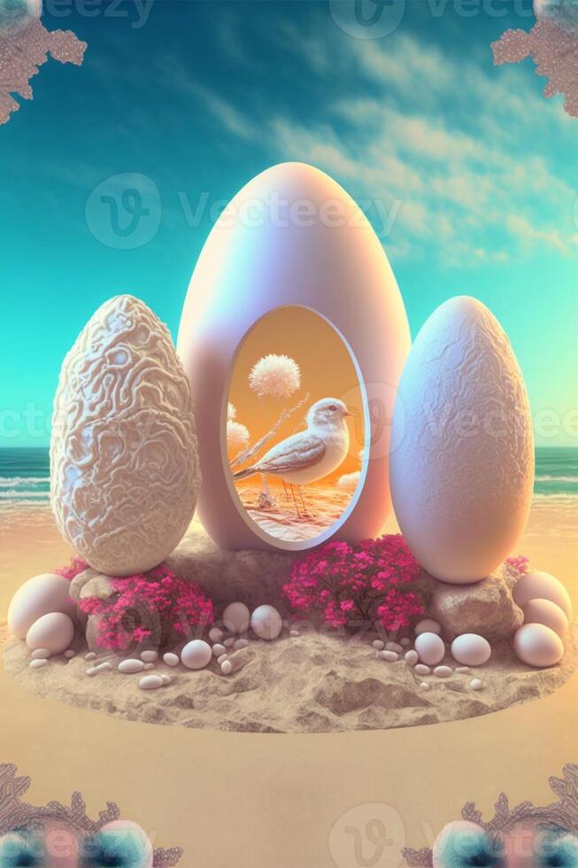 group of eggs sitting on top of a sandy beach. . photo