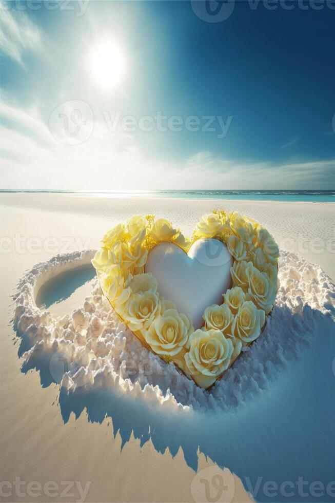 heart made out of yellow roses on a sandy beach. . photo