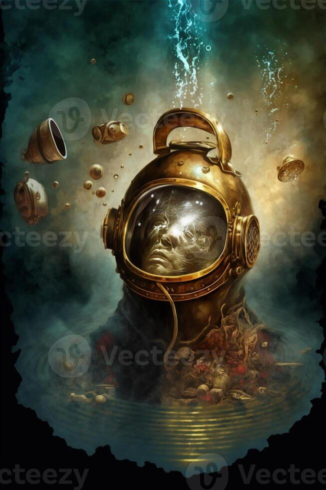 digital painting of a gold diving helmet. . photo