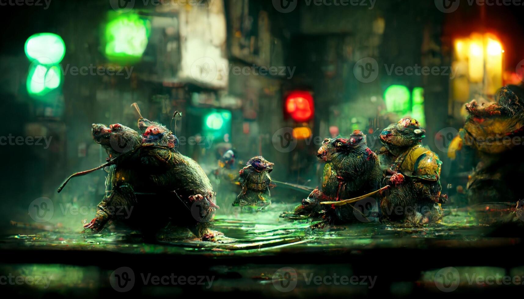 group of mice walking down a street at night. . photo