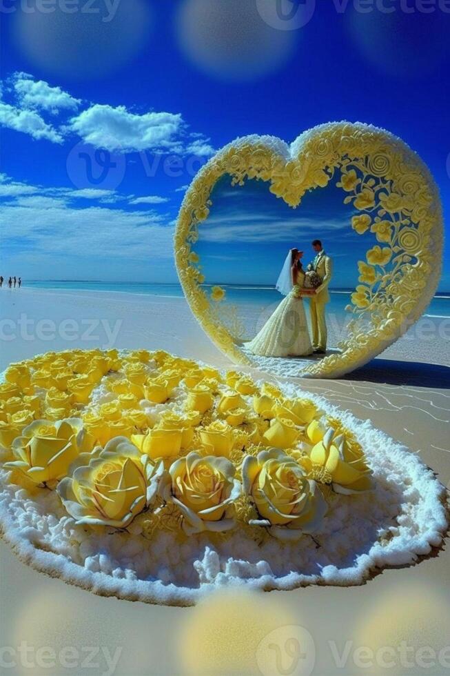 bride and groom standing in front of a heart shaped cake. . photo