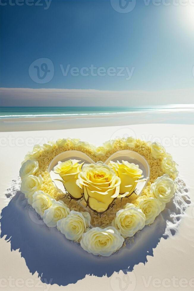 heart shaped arrangement of yellow roses in the snow. . photo