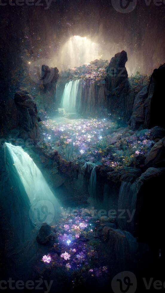 waterfall in the middle of a field of flowers. . photo