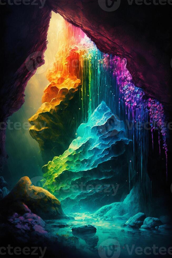 pintura de un cascada viniendo fuera de un cueva. generativo ai. foto