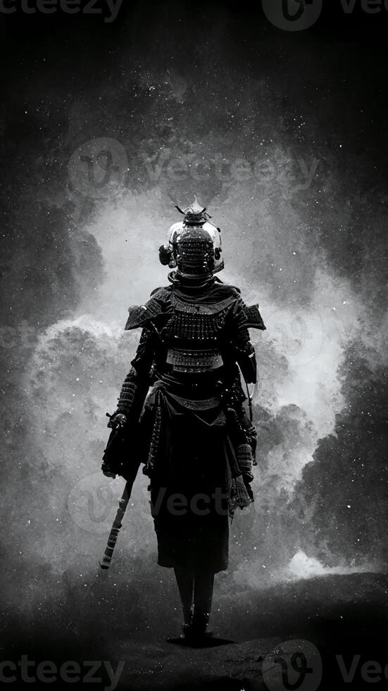 black and white photo of a man in armor. .