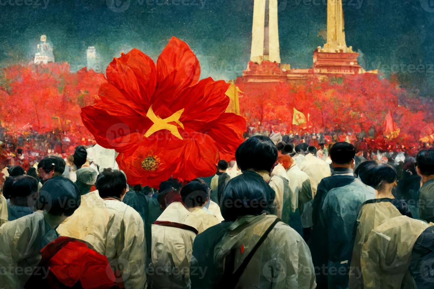pintura de un grande rojo flor en frente de un multitud de gente. generativo ai. foto