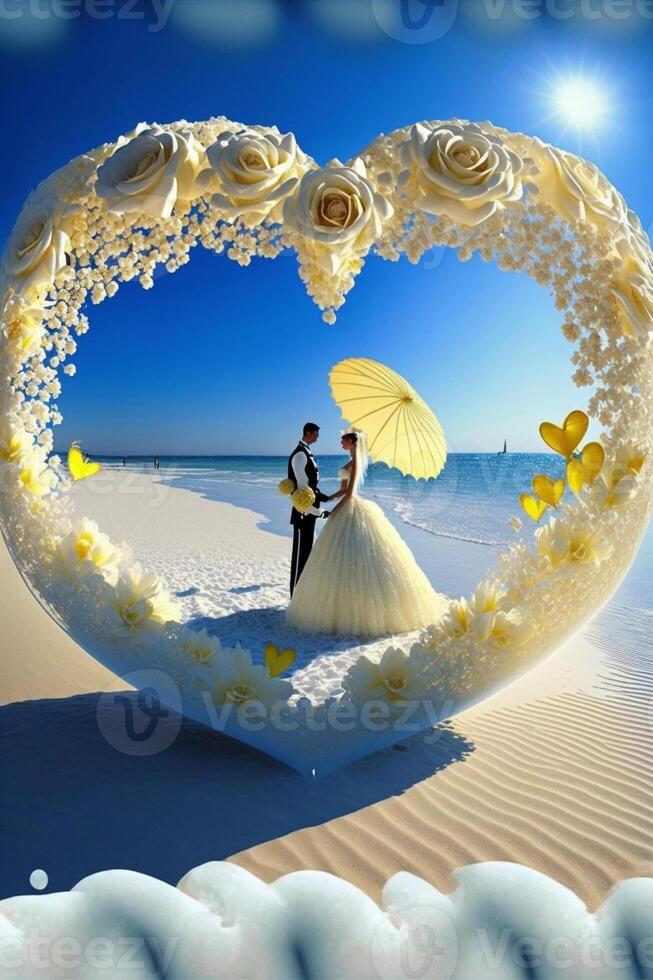 bride and groom standing in the shape of a heart on the beach. . photo