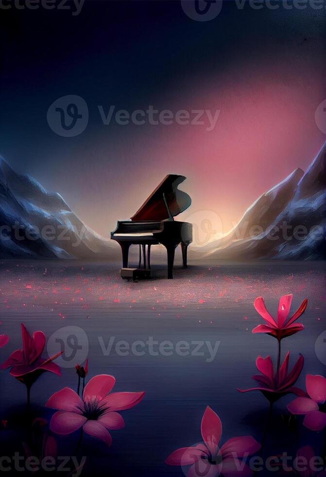 grand piano sitting on top of a field of flowers. . photo