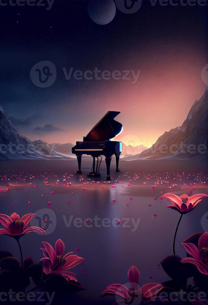piano sitting in the middle of a field of flowers. . photo
