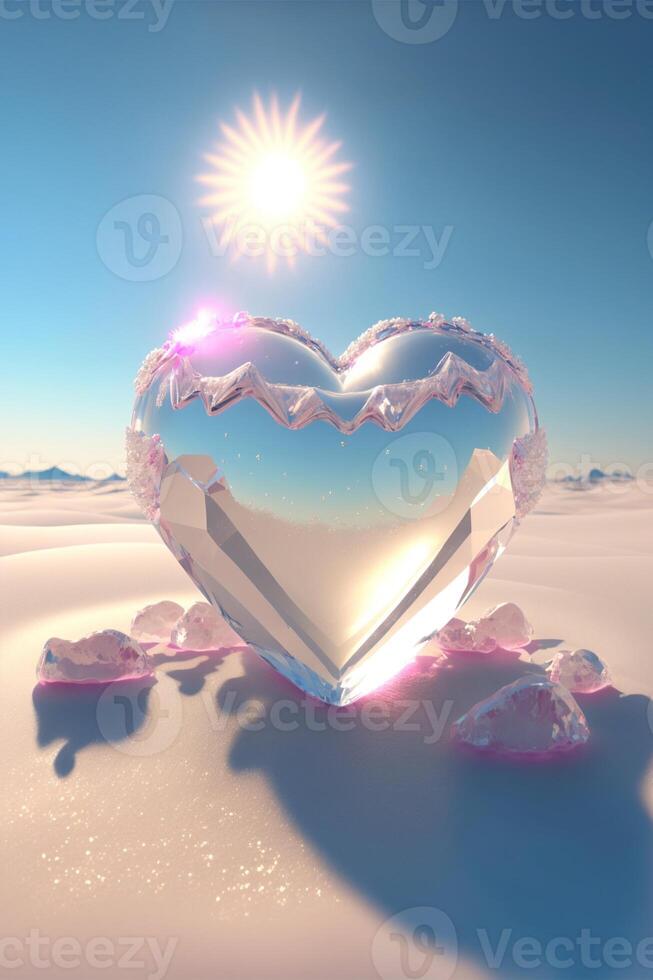 crystal heart sitting on top of a snow covered ground. . photo