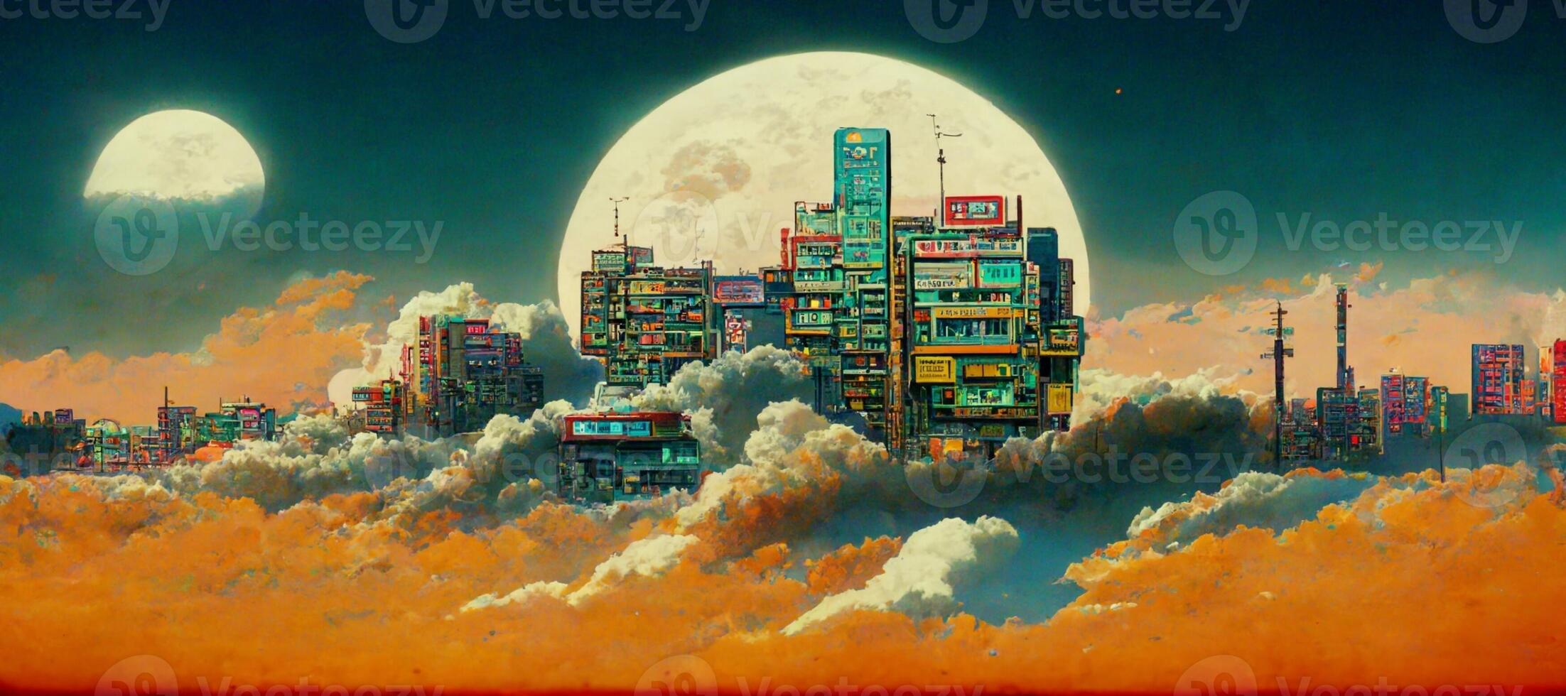painting of a city with a full moon in the background. . photo