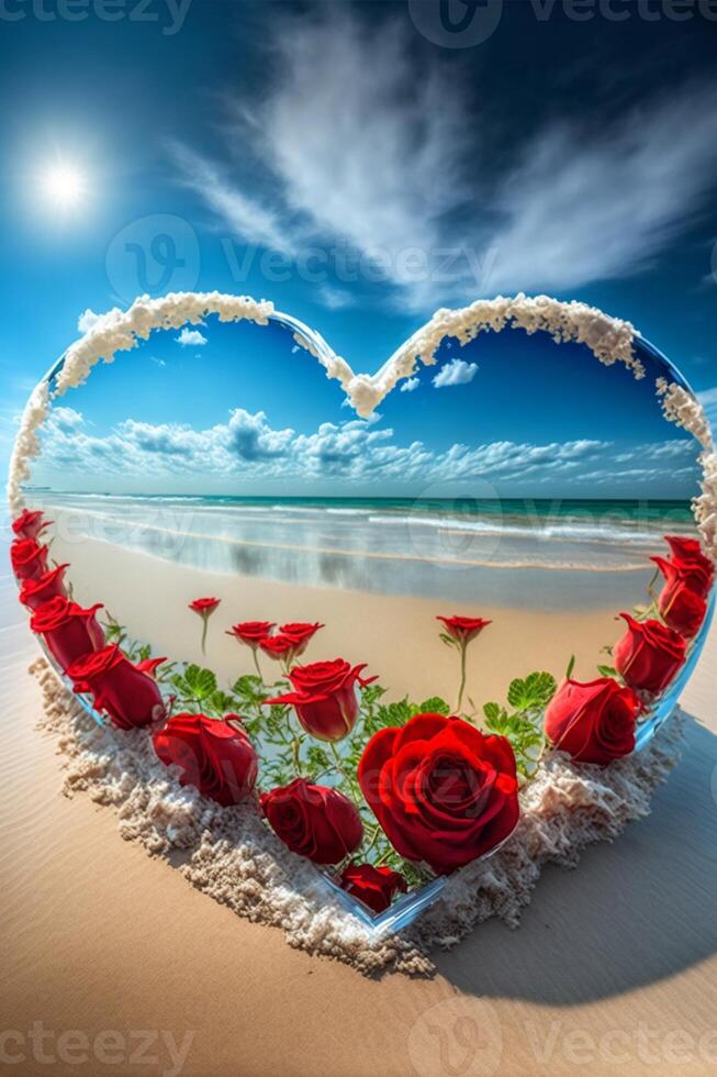 heart shaped arrangement of red roses on the beach. . photo