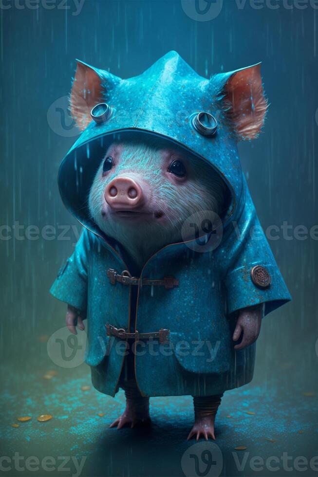 pig in a raincoat standing in the rain. . photo