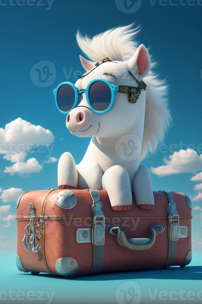 blanco caballo vistiendo Gafas de sol en pie siguiente a un maleta. generativo ai. foto