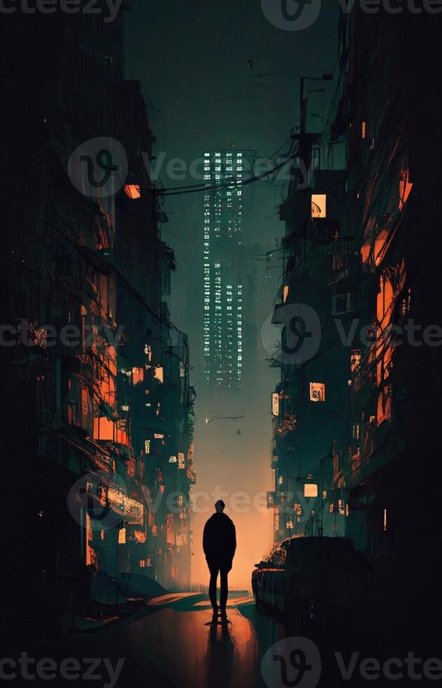man standing in the middle of a city at night. . photo