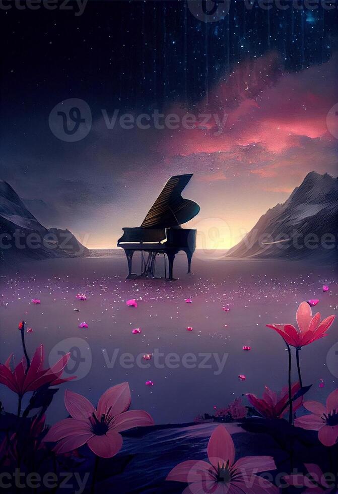 piano sitting in the middle of a field of flowers. . photo