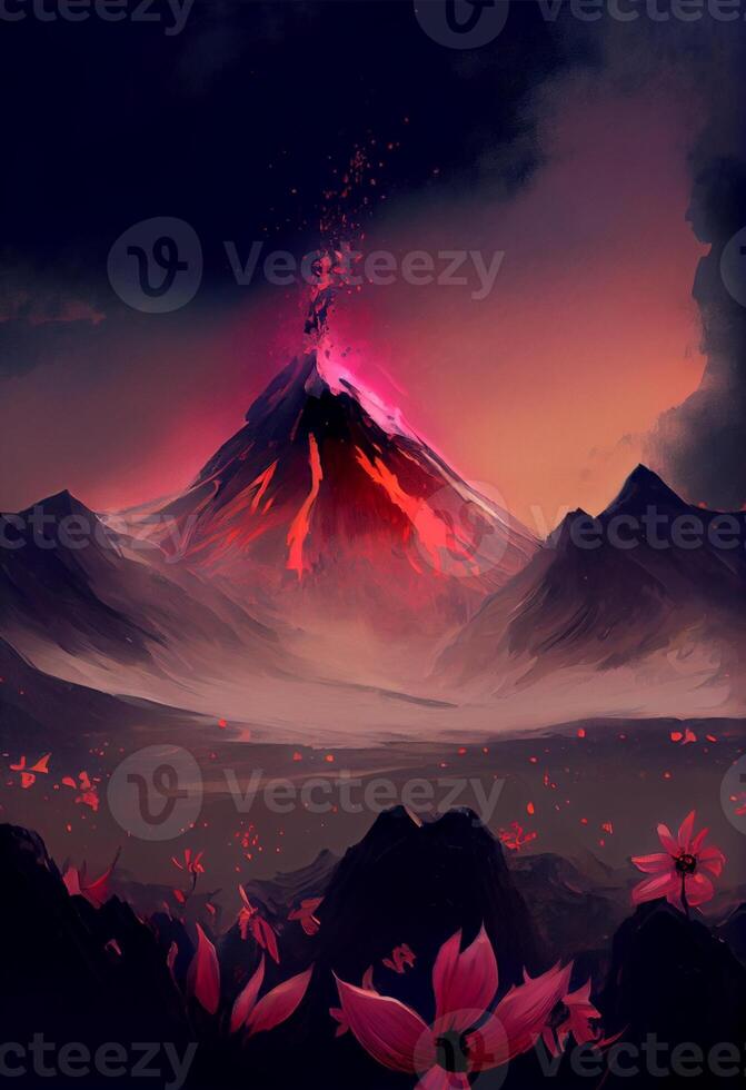 painting of a volcano with pink flowers in the foreground. . photo