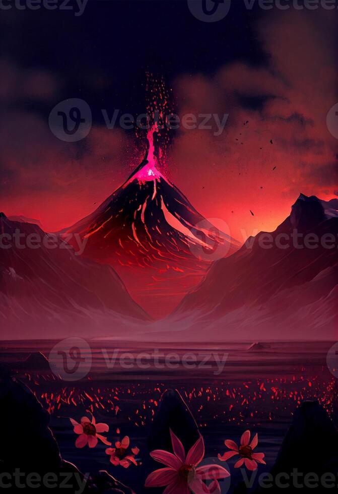 an illustration of a volcano spewing lava into the sky. . photo