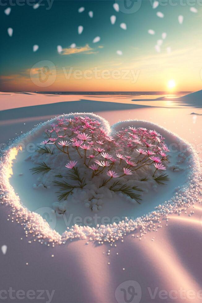 heart shaped arrangement of flowers in the snow. . photo