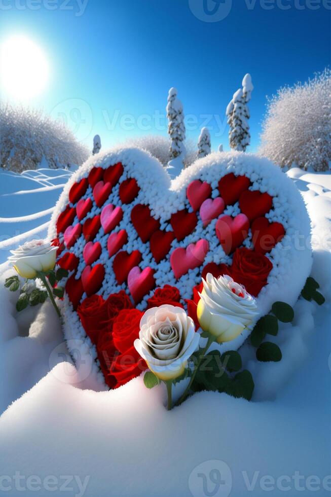 rojo y blanco corazón con rosas en el nieve. generativo ai. foto