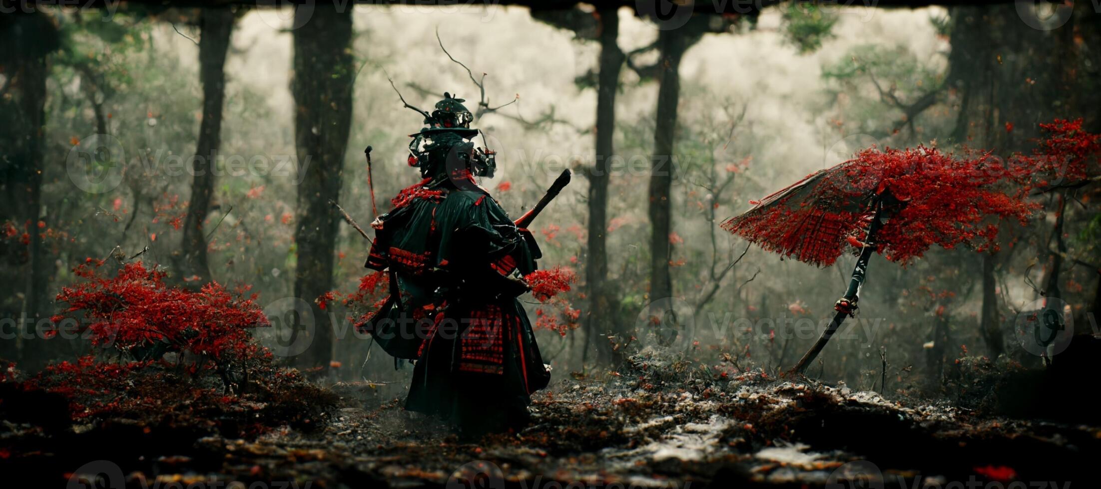 samurai standing in a forest with a red umbrella. . photo